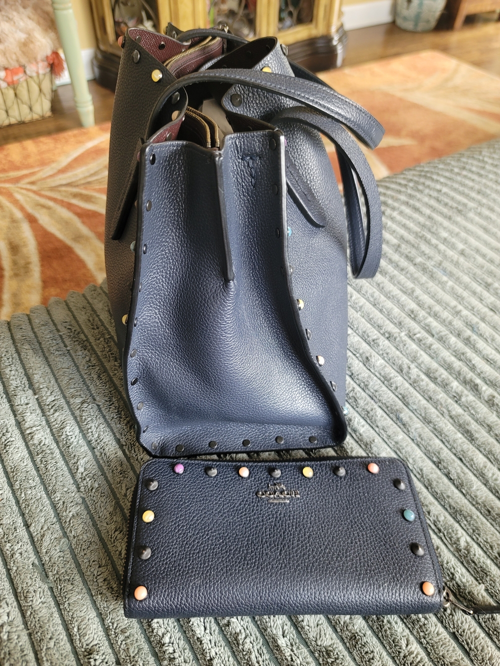 Coach CHARLIE Pebbled Leather Tote with Stone Stud Accents W/ Wristlet - Navy - Picture 2 of 6